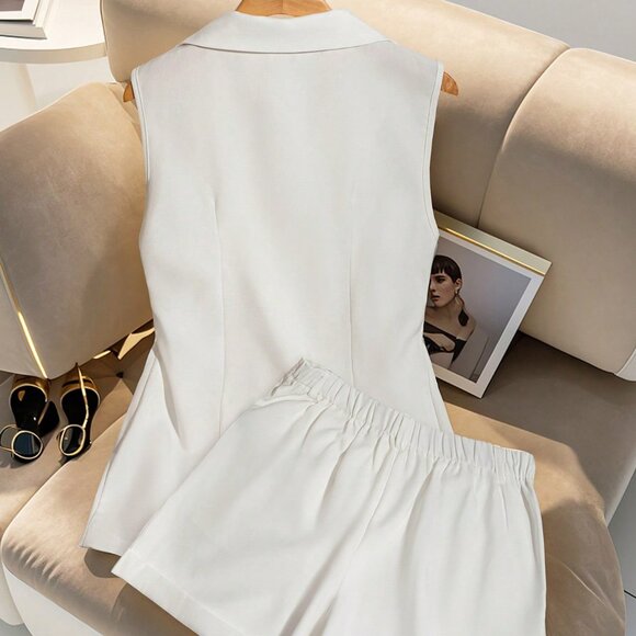 White Elegant Women's Sleeveless Vest And Shorts Set - Picture 2 of 6